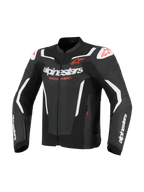 Alpinestars GP Force V2 Air läderjacka, motorcykeljacka, svart och vit med röda detaljer, perforerade läderpaneler för luftflöde, vita Alpinestars-logotyper och texten 'Racing Ahead', DFS-axelskydd, atletisk racingdesign