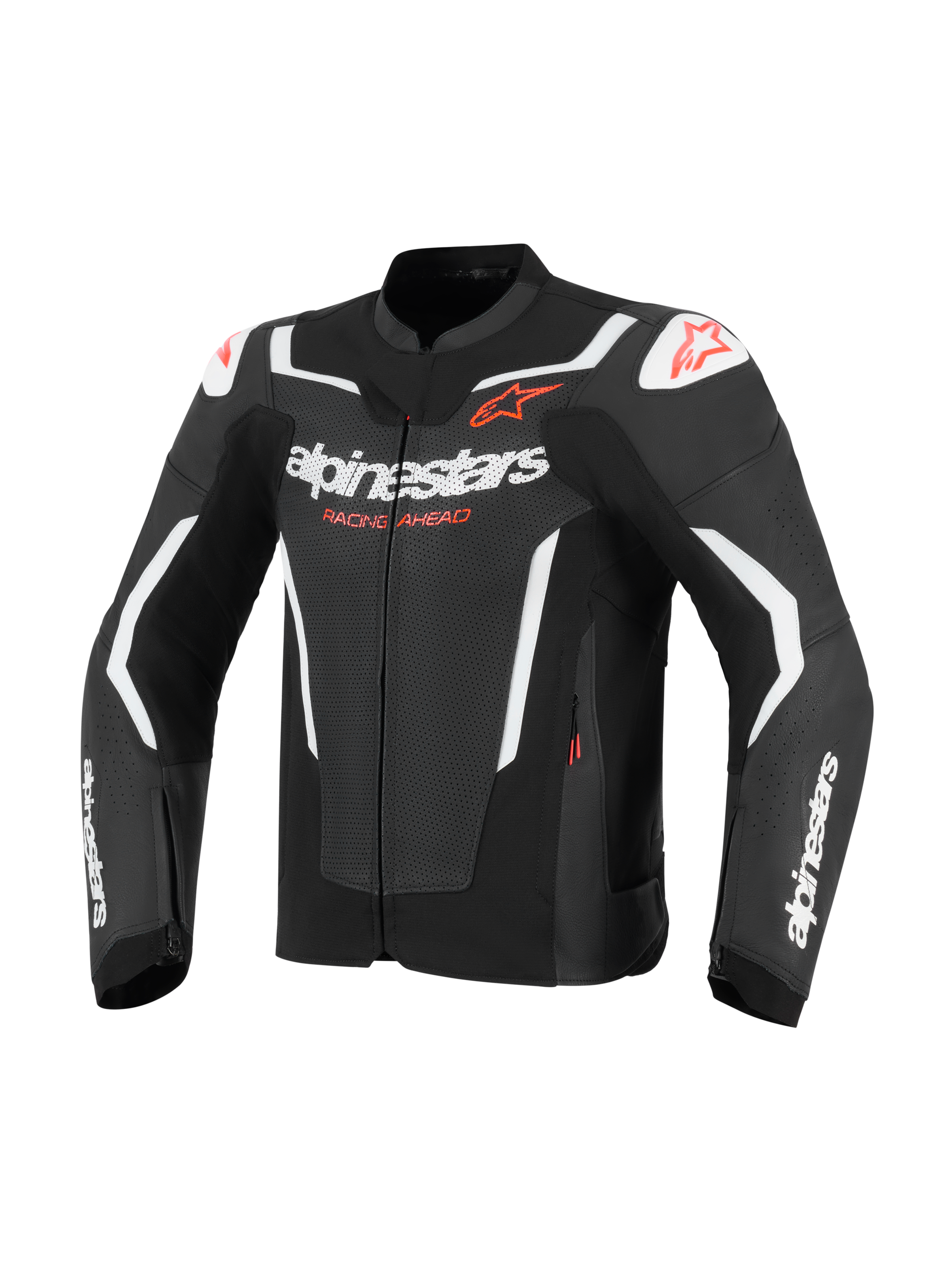 Alpinestars GP Force V2 Air läderjacka, motorcykeljacka, svart och vit med röda detaljer, perforerade läderpaneler för luftflöde, vita Alpinestars-logotyper och texten 'Racing Ahead', DFS-axelskydd, atletisk racingdesign
