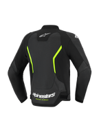 Alpinestars GP Force V2 Air Leather Jacket, Motorcycle Road Jacket, Black and Yellow Fluo, back view showcasing large perforated leather panels, white Alpinestars logos, vibrant yellow accents, and a performance sport fit