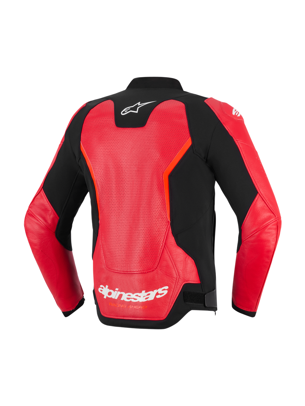Alpinestars GP Force V2 Air läderjacka, vy bakifrån, röd och svart, med en stor perforerad läderpanel för ventilation, vit Alpinestars-logotyp i nacken och på nedre ryggen, elegant sportdesign för motorcykelkörning på väg