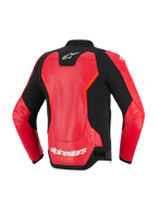 Alpinestars GP Force V2 Air läderjacka, vy bakifrån, röd och svart, med en stor perforerad läderpanel för ventilation, vit Alpinestars-logotyp i nacken och på nedre ryggen, elegant sportdesign för motorcykelkörning på väg
