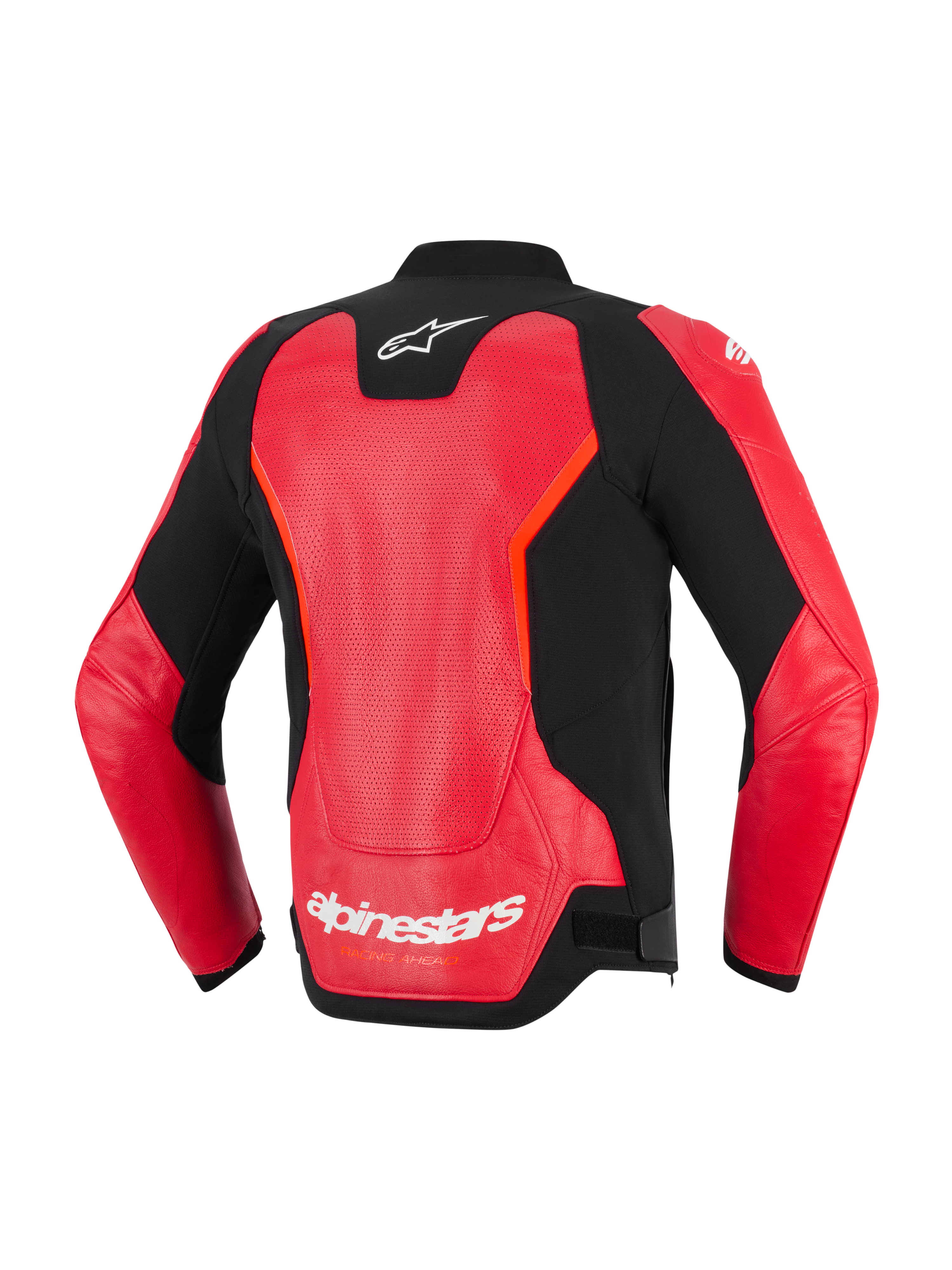 Alpinestars GP Force V2 Air läderjacka, vy bakifrån, röd och svart, med en stor perforerad läderpanel för ventilation, vit Alpinestars-logotyp i nacken och på nedre ryggen, elegant sportdesign för motorcykelkörning på väg