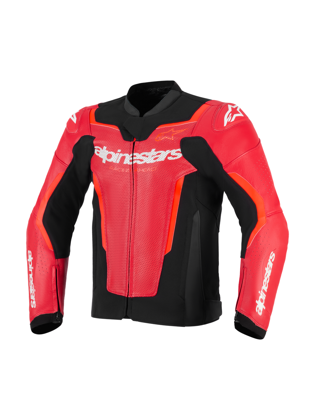 Alpinestars GP Force V2 Air läderjacka, röd och röd fluo med svarta detaljer, perforerat läder för ventilation, vit Alpinestars-logotyp på bröstet, motorcykelutrustning med sportig passform