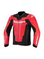 Alpinestars GP Force V2 Air läderjacka, röd och röd fluo med svarta detaljer, perforerat läder för ventilation, vit Alpinestars-logotyp på bröstet, motorcykelutrustning med sportig passform