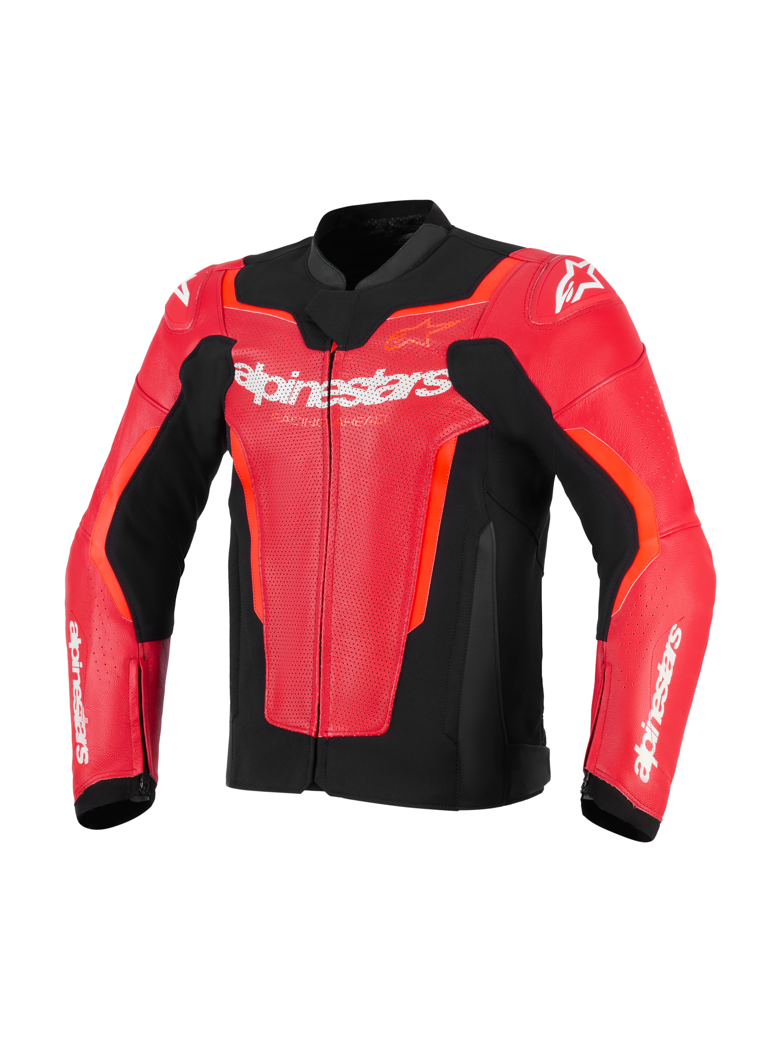 Alpinestars GP Force V2 Air läderjacka, röd och röd fluo med svarta detaljer, perforerat läder för ventilation, vit Alpinestars-logotyp på bröstet, motorcykelutrustning med sportig passform