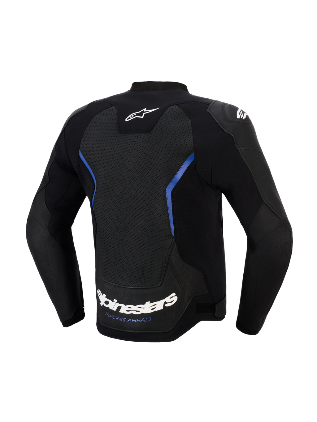 Alpinestars GP Force V2 Airflow läderjacka, vy bakifrån, svart och metallicblå, stor perforerad läderpanel på ryggen för ventilation, vit Alpinestars-logotyp och 'RACING AHEAD'-slogan vid nederkanten, professionell sportkörningsutrustning