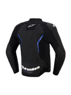 Alpinestars GP Force V2 Airflow läderjacka, vy bakifrån, svart och metallicblå, stor perforerad läderpanel på ryggen för ventilation, vit Alpinestars-logotyp och 'RACING AHEAD'-slogan vid nederkanten, professionell sportkörningsutrustning