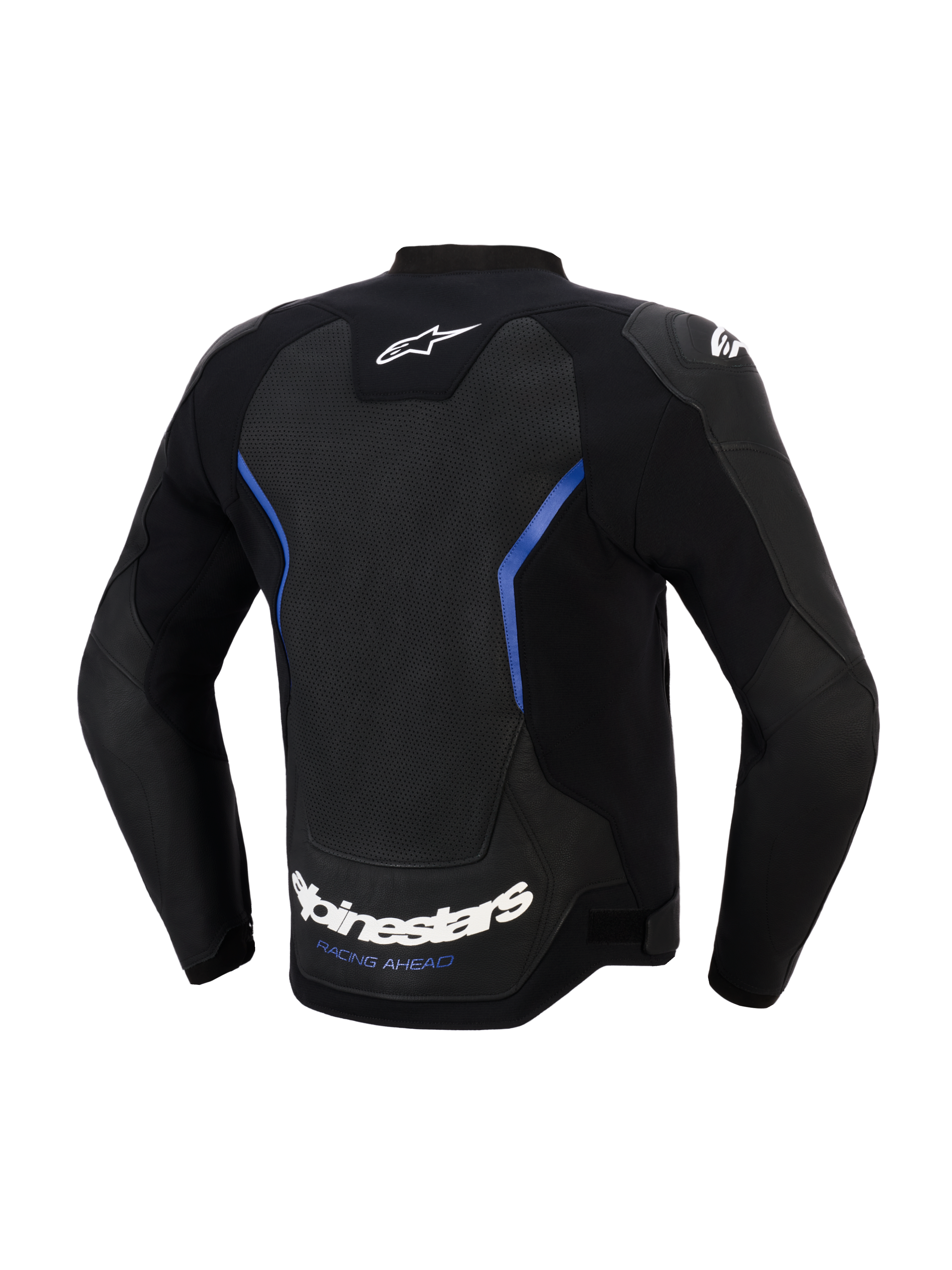 Alpinestars GP Force V2 Airflow läderjacka, vy bakifrån, svart och metallicblå, stor perforerad läderpanel på ryggen för ventilation, vit Alpinestars-logotyp och 'RACING AHEAD'-slogan vid nederkanten, professionell sportkörningsutrustning