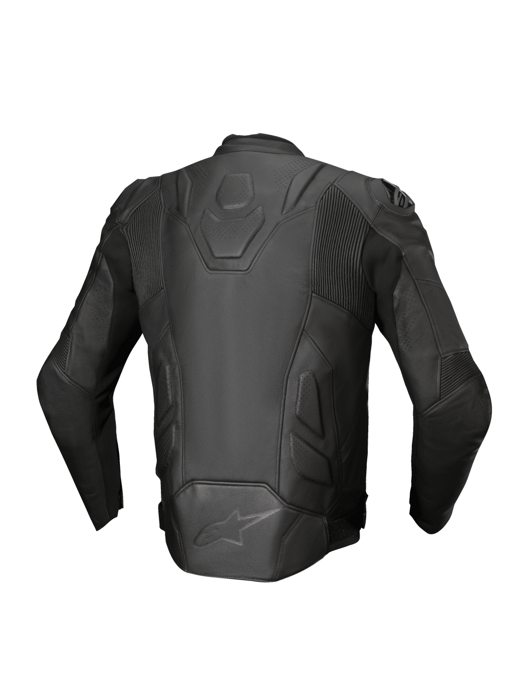 Alpinestars Dusk Leather Jacket, Black motorcycle racing jacket in premium leather with stretch accordion panels, back view.