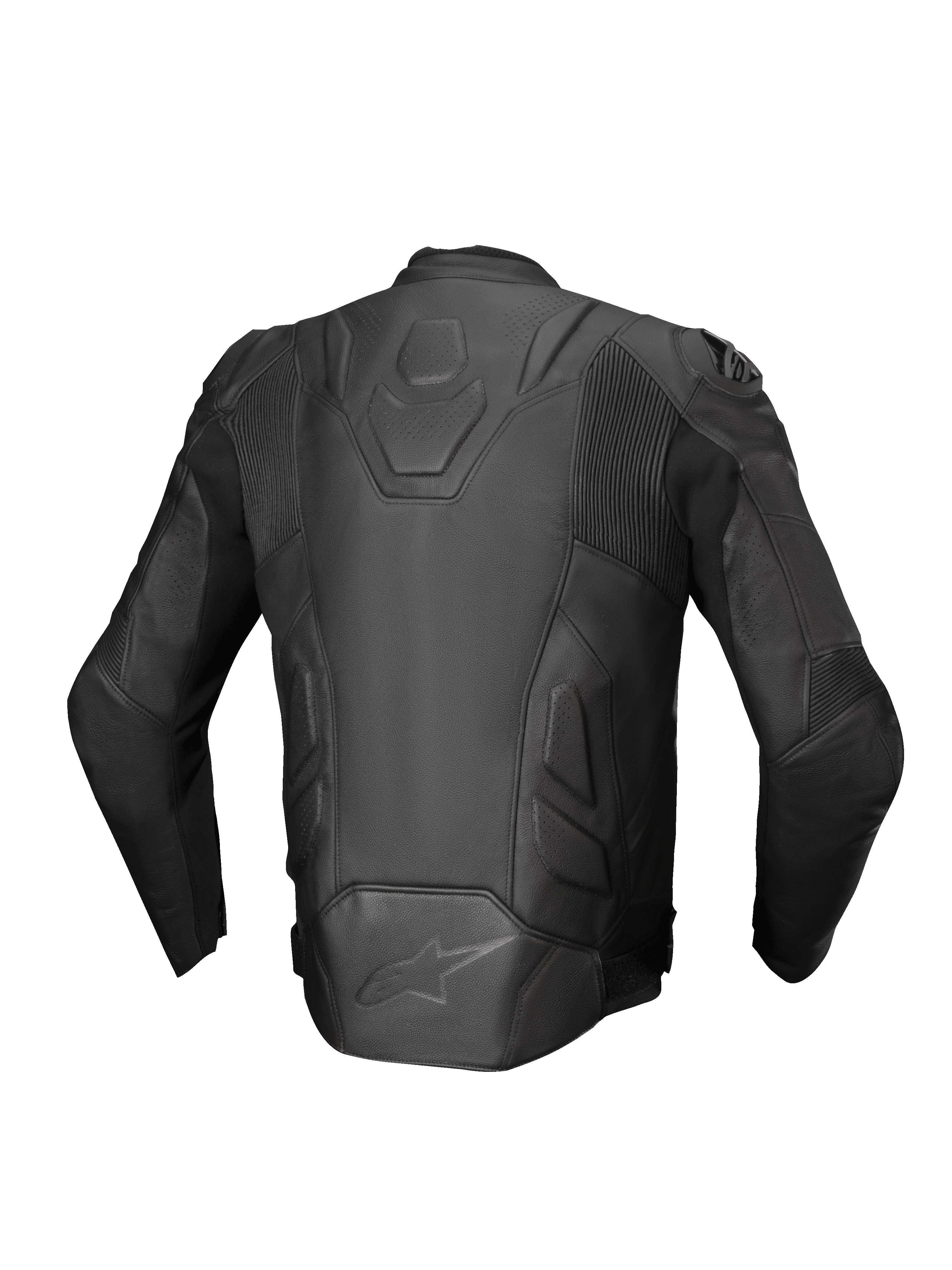 Alpinestars Dusk Leather Jacket, Black motorcycle racing jacket in premium leather with stretch accordion panels, back view.