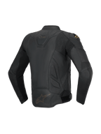 Alpinestars Dusk läderjacka för herrar, svart sportig MC-jacka i nötläder sedd bakifrån med dragspelspaneler.
