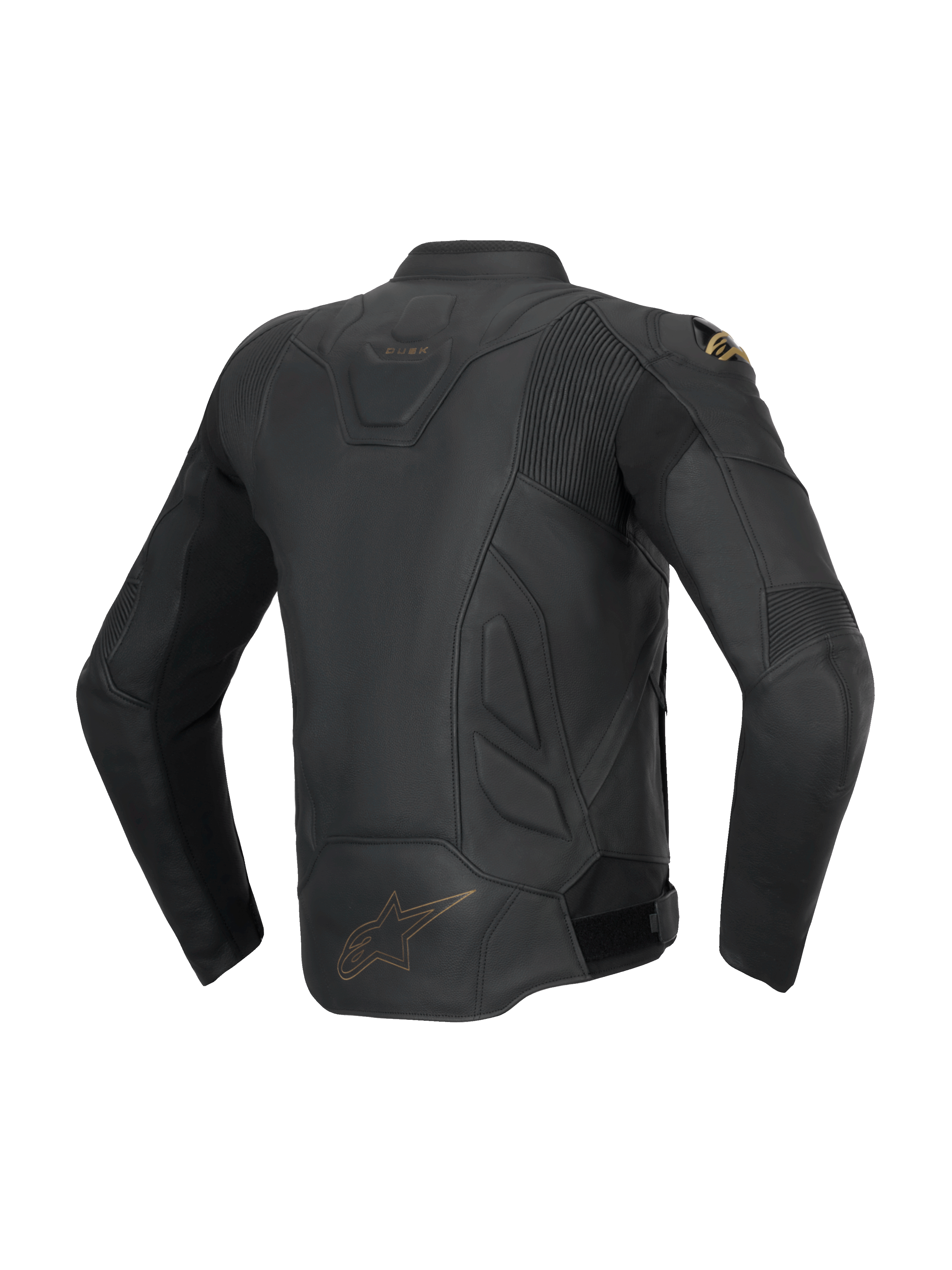 Alpinestars Dusk läderjacka för herrar, svart sportig MC-jacka i nötläder sedd bakifrån med dragspelspaneler.