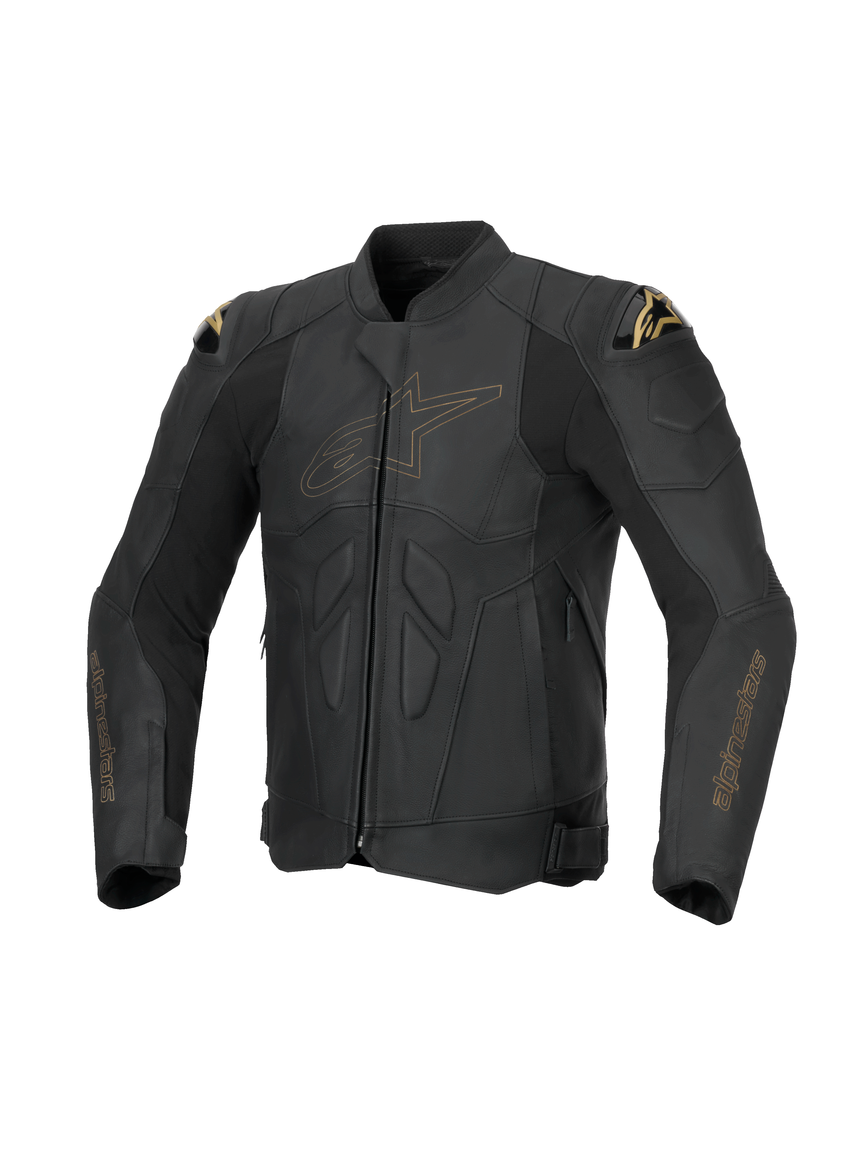 Alpinestars Dusk läderjacka, racingmotorcykeljacka för herr, svart med gulddetaljer, nötläder och DFS-axelskydd.