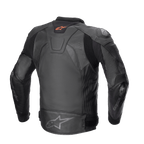 Alpinestars GP Plus V4 Leather Jacket, Sport Motorcycle Jacket, Black/Black, rear view featuring red Astar logo on neck, grey Astar logo on lower back, bovine leather construction with A-CS™ Plus stretch panels