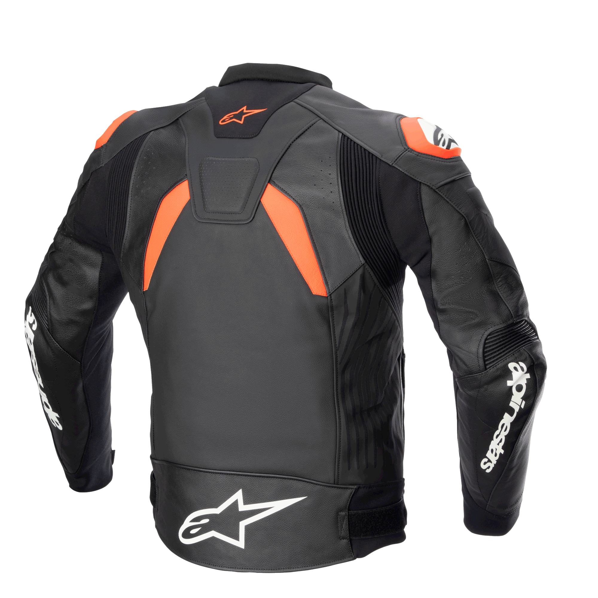 Alpinestars GP Plus V4 läderjacka, svart, röd fluo och vit, baksida som visar stretchpaneler och axelsliders, tydliga vita Alpinestars-logotyper på ärmar och midja, racinginspirerad sportig siluett
