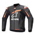 Alpinestars GP Plus V4 läderjacka, motorcykelracingjacka, svart med fluorescerande röda och vita accenter, stor vit ASTARS-logotyp på bröstet, externa axelsliders, strukturerad läderdesign för högpresterande körning