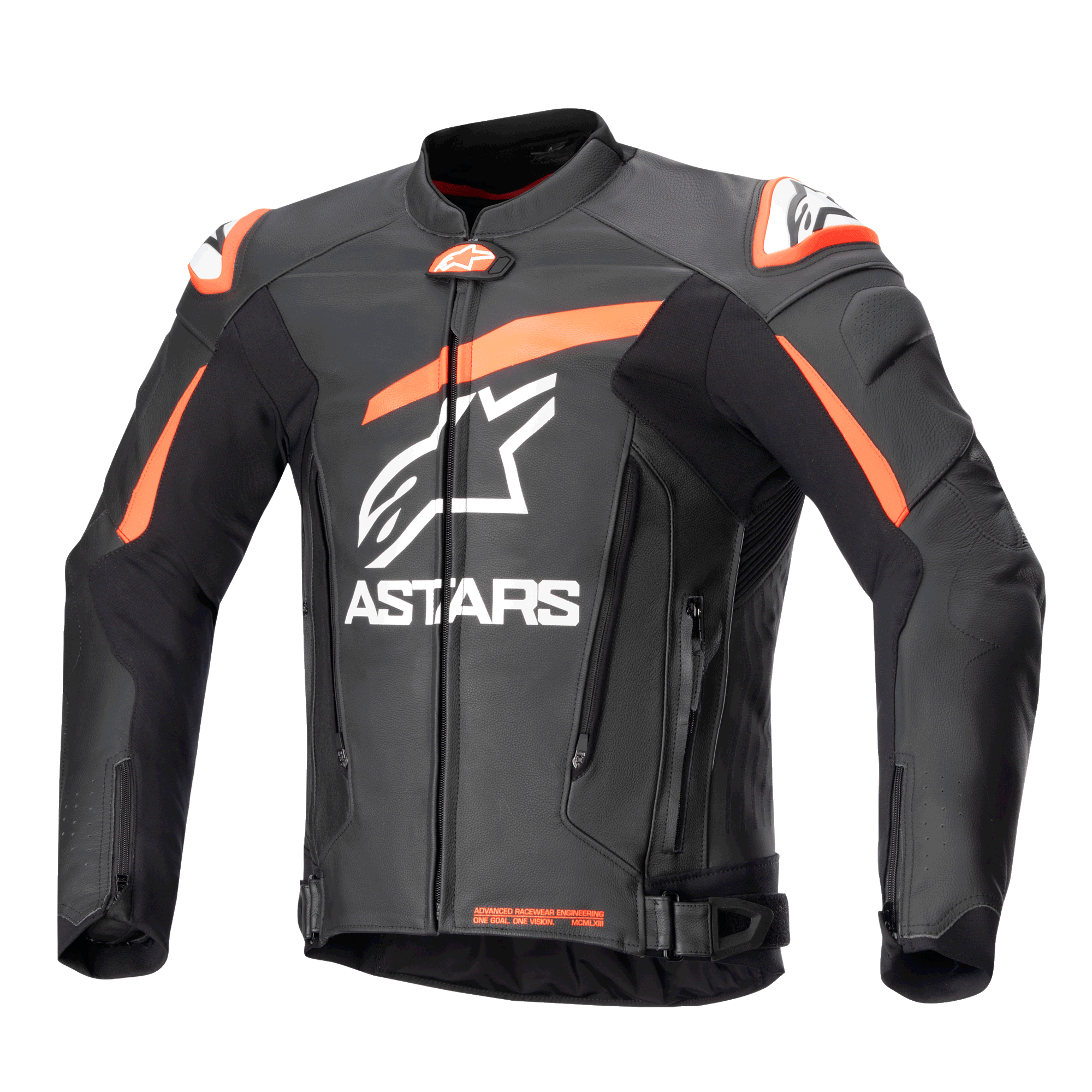 Alpinestars GP Plus V4 läderjacka, motorcykelracingjacka, svart med fluorescerande röda och vita accenter, stor vit ASTARS-logotyp på bröstet, externa axelsliders, strukturerad läderdesign för högpresterande körning