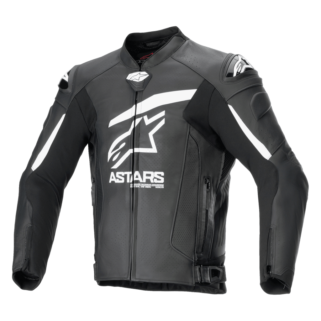 Alpinestars GP Plus R V4 Airflow Leather Jacket, Black and White, front view showing large white Astars logo and text on the chest, perforated leather panels for airflow, DFS shoulder sliders, zippered pockets, and adjustable waist straps, premium leather motorcycle racing gear