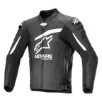 Alpinestars GP Plus R V4 Airflow Leather Jacket, Black and White, front view showing large white Astars logo and text on the chest, perforated leather panels for airflow, DFS shoulder sliders, zippered pockets, and adjustable waist straps, premium leather motorcycle racing gear