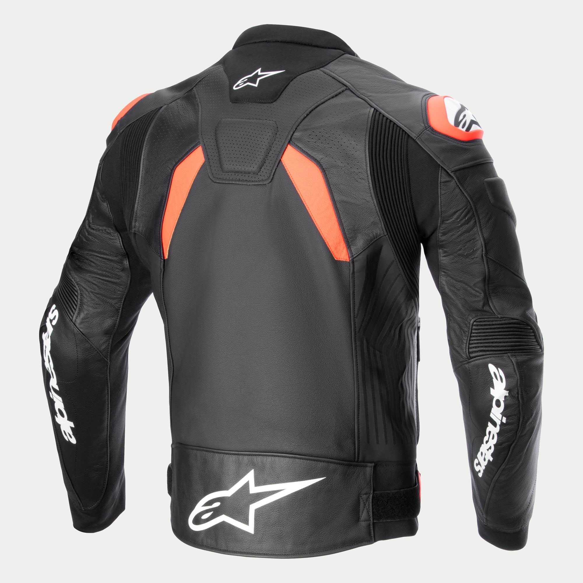 Alpinestars GP Plus R V4 Airflow Leather Jacket, men's motorcycle racing jacket, back view in black with red and white accents, featuring race-grade leather and perforated panels