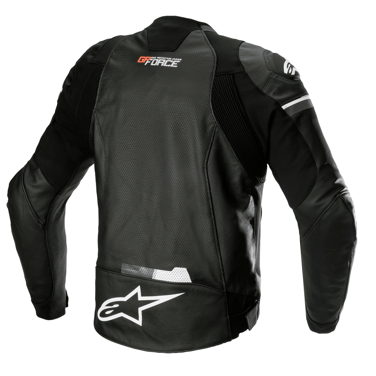 Alpinestars GP Force Airflow skinnjacka, svart, vy bakifrån med perforerat buffelläder för ventilation, GP Force-logotyp i nacken, stor vit Alpinestars-stjärnlogotyp på nedre delen av ryggen och integrerade stretchpaneler för en sportig körpassform