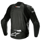Alpinestars GP Force Airflow skinnjacka, svart, vy bakifrån med perforerat buffelläder för ventilation, GP Force-logotyp i nacken, stor vit Alpinestars-stjärnlogotyp på nedre delen av ryggen och integrerade stretchpaneler för en sportig körpassform