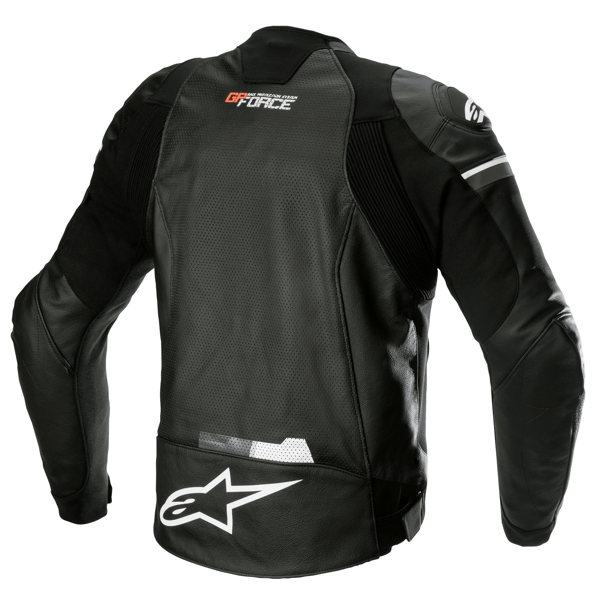 Alpinestars GP Force Airflow skinnjacka, svart, vy bakifrån med perforerat buffelläder för ventilation, GP Force-logotyp i nacken, stor vit Alpinestars-stjärnlogotyp på nedre delen av ryggen och integrerade stretchpaneler för en sportig körpassform