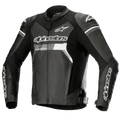 Alpinestars GP Force Airflow skinnjacka, svart med vita och grå detaljer, motorcykelracingjacka, helt perforerat läder på bröst och rygg för ventilation, externa DFS Lite-axelsliders, vit Alpinestars-logotyp på bröst och ärmar, sportig design för vägkörning