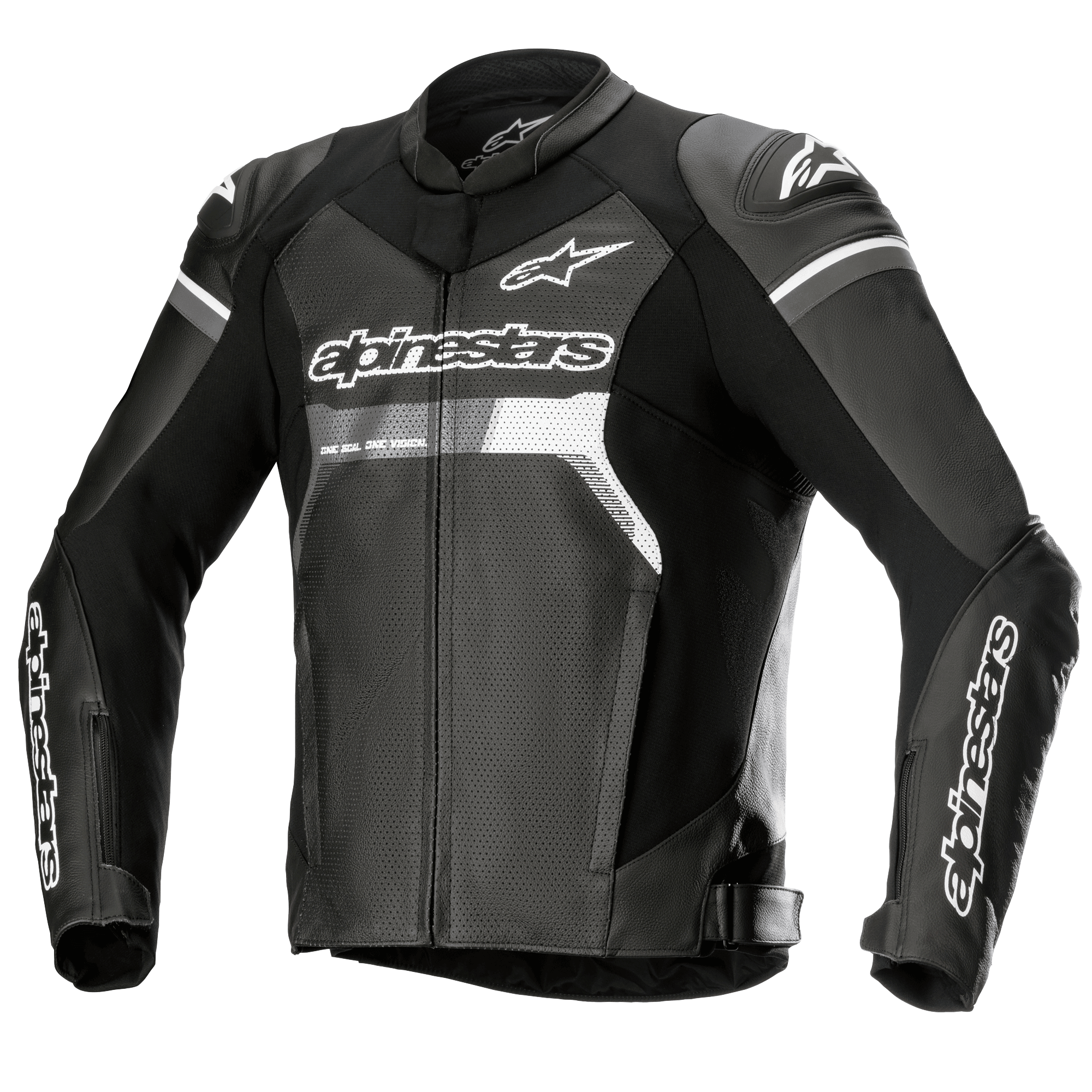 Alpinestars GP Force Airflow skinnjacka, svart med vita och grå detaljer, motorcykelracingjacka, helt perforerat läder på bröst och rygg för ventilation, externa DFS Lite-axelsliders, vit Alpinestars-logotyp på bröst och ärmar, sportig design för vägkörning
