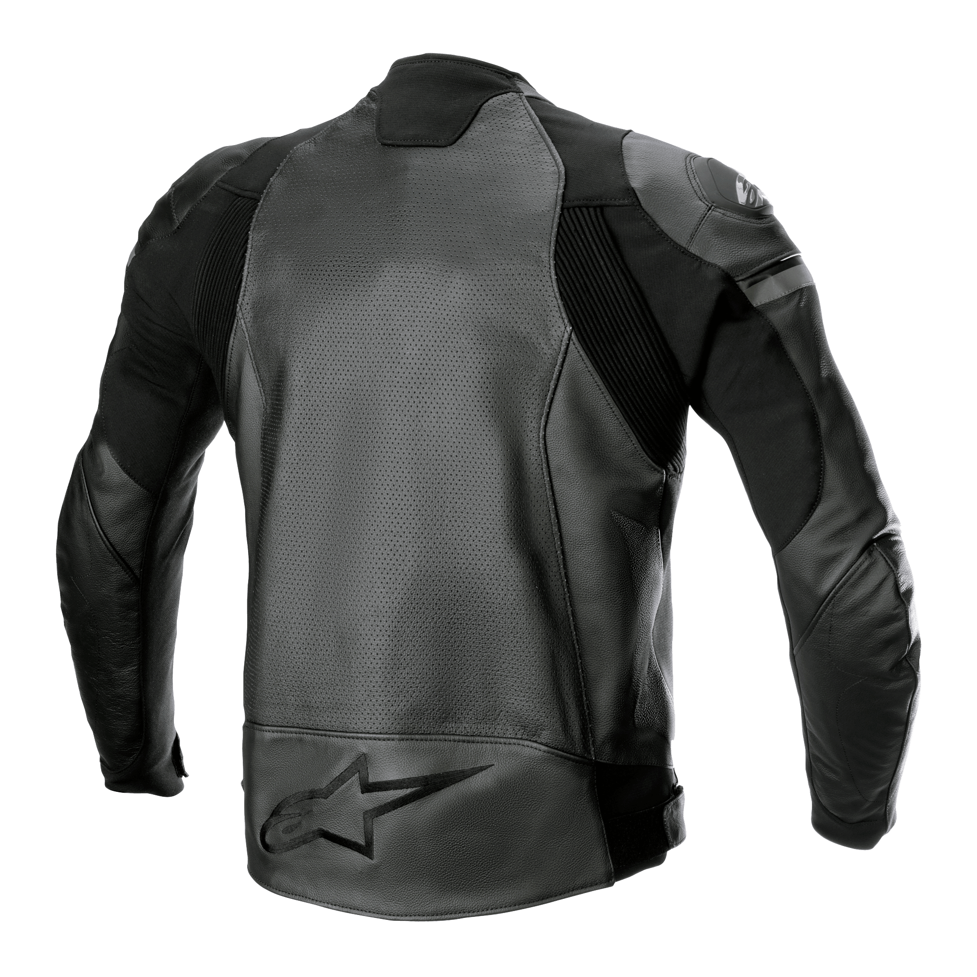 Alpinestars GP Force Airflow läderjacka, svart, vy bakifrån med perforerade paneler i buffelläder, dragspelspaneler i stretch och stor präglad stjärnlogotyp på nedre delen av ryggen, sportig motorcykelutrustning för racing