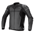 Alpinestars GP Force Airflow skinnjacka, motorcykeljacka för racing, svart och mörkgrå, perforerade paneler för ventilation, externa DFS Lite-axelskydd, tydlig logotyp på bröst och ärmar, premiumläderkonstruktion med justerbara midjeremmar