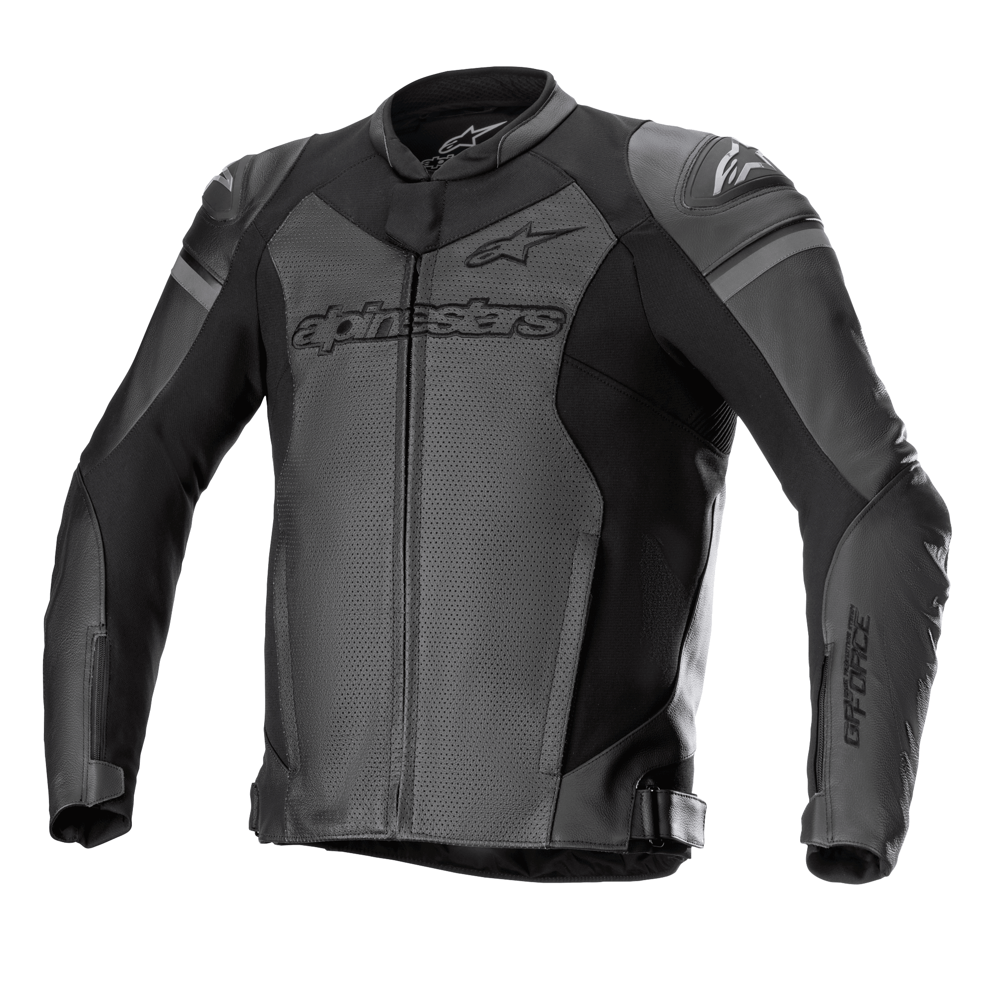 Alpinestars GP Force Airflow skinnjacka, motorcykeljacka för racing, svart och mörkgrå, perforerade paneler för ventilation, externa DFS Lite-axelskydd, tydlig logotyp på bröst och ärmar, premiumläderkonstruktion med justerbara midjeremmar