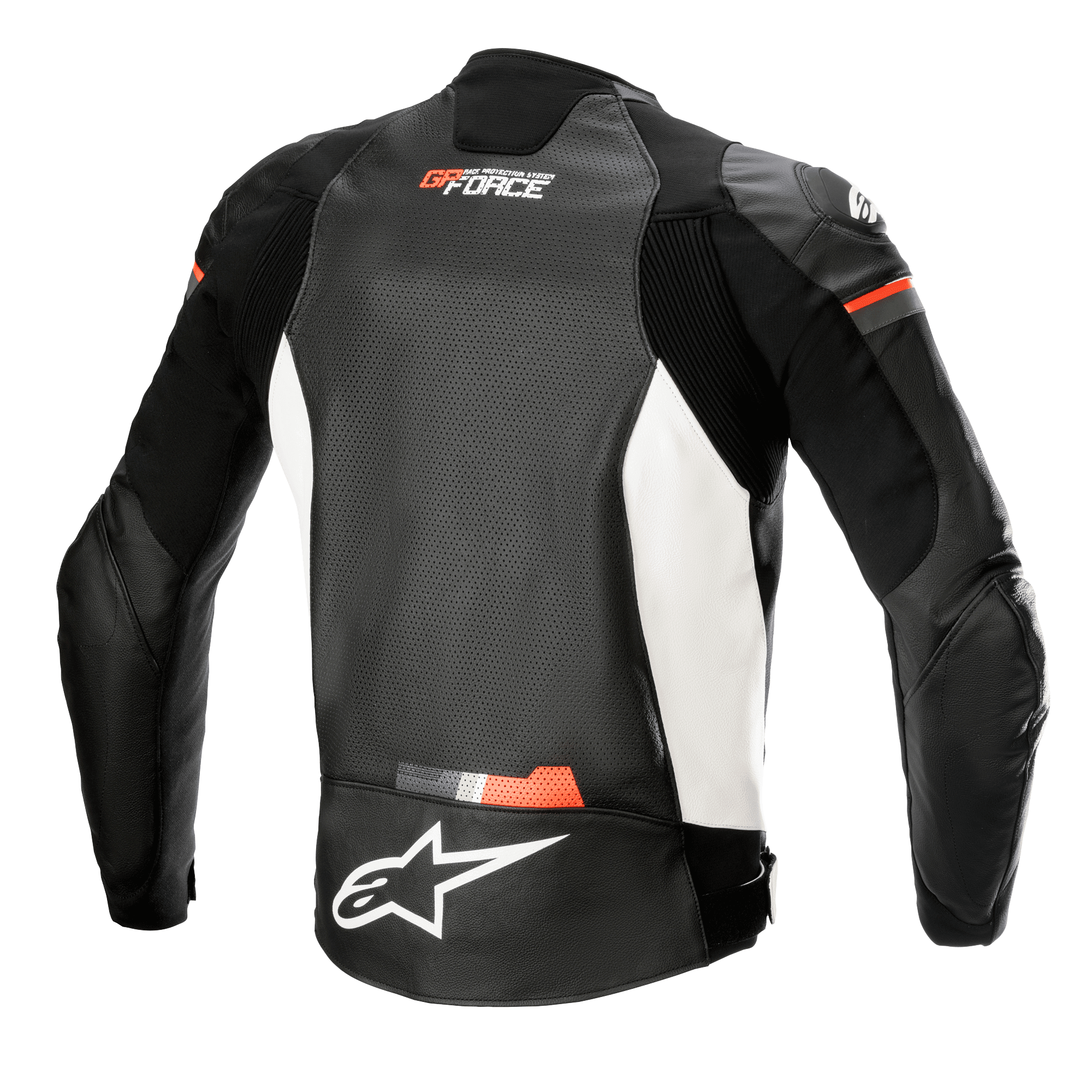 Alpinestars GP Force Airflow skinnjacka, vy bakifrån, svart, vit och röd fluo, perforerad ryggpanel i läder för ventilation, dragspelsformade stretchpaneler på axlar och sidor, vit Alpinestars-logotyp på nedre ryggen, GP Force-logotyp på övre ryggen, sportig motorcykelutrustning