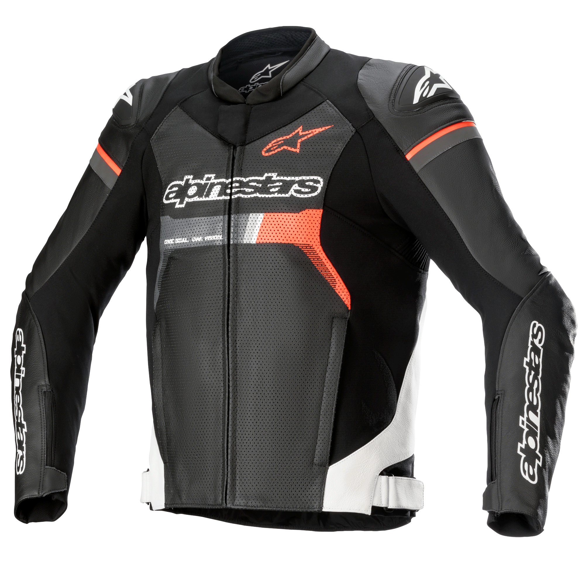 Alpinestars GP Force Airflow läderjacka, svart med vita och Red Fluo-detaljer, perforerad motorcykelracingjacka i läder, utrustad med DFS Lite-axelskydd, Alpinestars-logotyper på bröst och ärmar, ventilerad sportdesign.