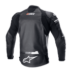 Alpinestars GP Force Leather Jacket, Black, Rear view featuring white Alpinestars logo on the lower back and GP Force branding on the upper back, accordion stretch panels and durable bovine leather construction for road racing