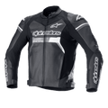 Alpinestars GP Force Leather Jacket, Black with white and grey accents, Motorcycle Racing Jacket, Premium bovine leather construction, bold Alpinestars branding on chest and sleeves, DFS Lite shoulder sliders, ergonomic sport fit for road riding.