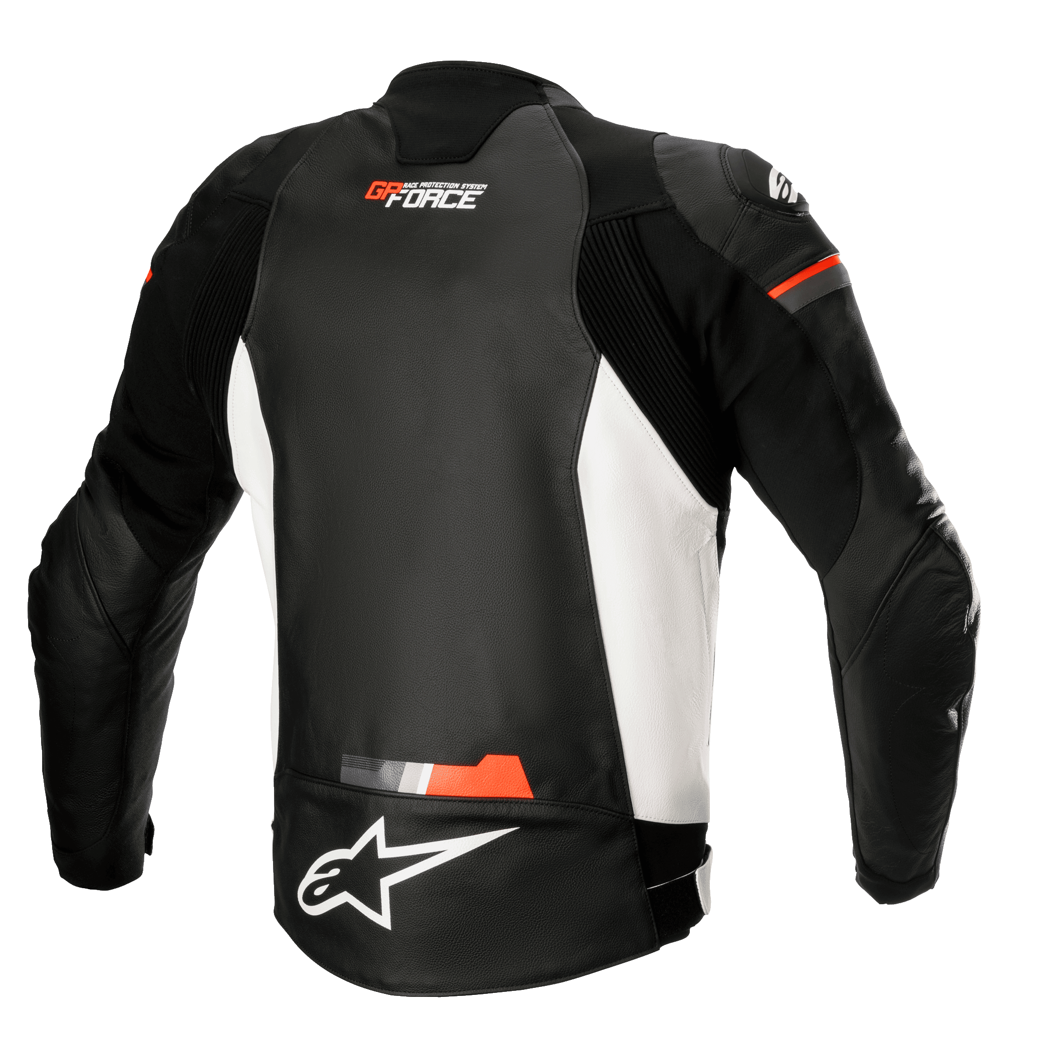 Alpinestars GP Force läderjacka, motorcykeljacka i läder, svart, vit och fluorescerande röd, vy bakifrån med vita sidopaneler och fluorescerande röda detaljer, GP Force- och Alpinestars-logotyper, sportig läderdesign med dragspelspaneler