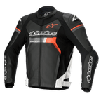 Alpinestars GP Force läderjacka, motorcykelracingjacka, svart med vita och röda fluo-detaljer, framträdande Alpinestars-logotyper på bröstet och ärmarna, premiumkonstruktion i nötläder med DFS Lite-axelskydd, strömlinjeformad aerodynamisk siluett