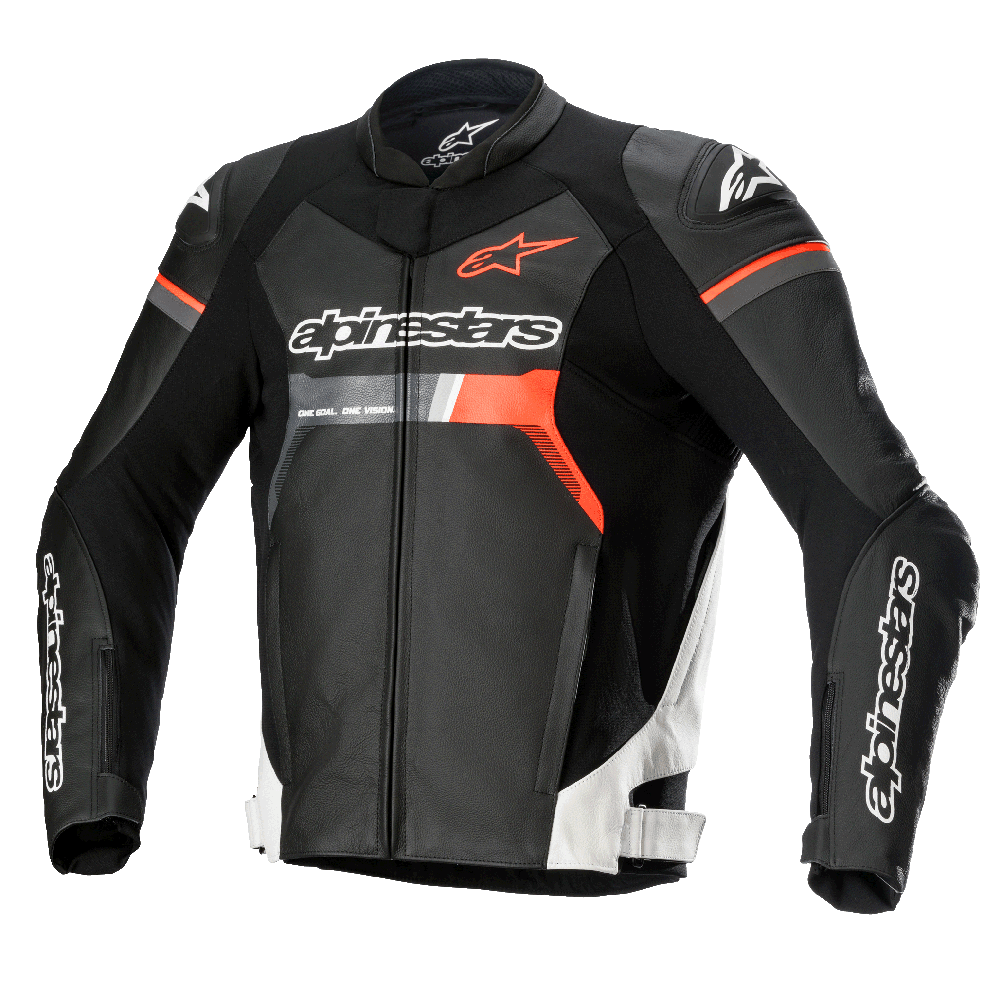 Alpinestars GP Force Leather Jacket, Motorcycle Racing Jacket, Black with White and Red Fluo accents, featuring prominent Alpinestars branding on the chest and sleeves, premium bovine leather construction with DFS Lite shoulder protectors, sleek aerodynamic silhouette