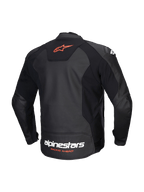 Alpinestars Faster V3 Leather Jacket, men's sport motorcycle jacket, back view in Black and Red Fluo, featuring premium leather and HRSF stretch panels, CE-certified AA class with aerodynamic elongation
