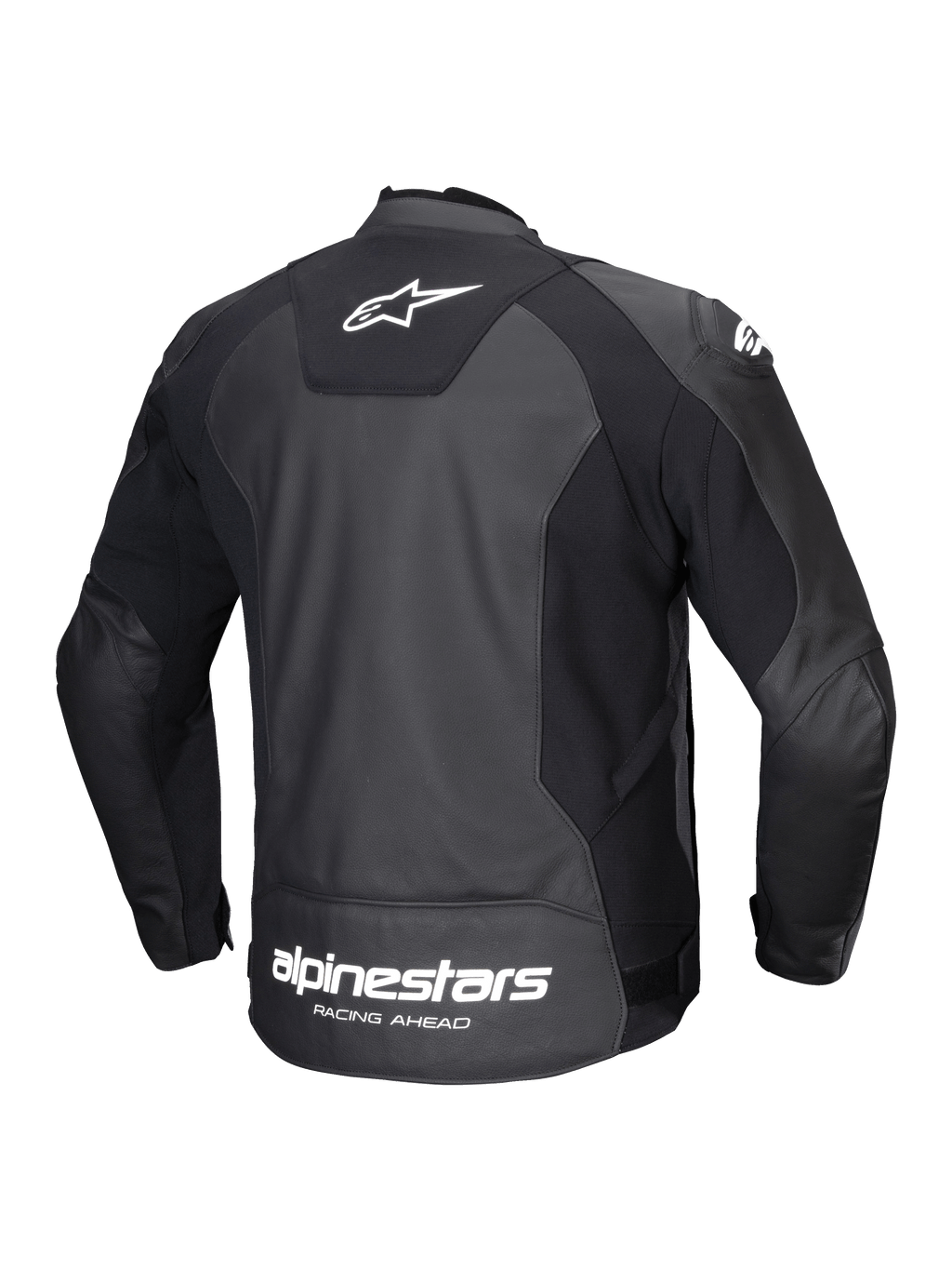 Alpinestars Faster V3 skinnjacka, bakvy av en svart och vit mc-sportjacka i slitstarkt läder med avancerade stretchpaneler och logotyp på baksidan