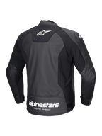 Alpinestars Faster V3 skinnjacka, bakvy av en svart och vit mc-sportjacka i slitstarkt läder med avancerade stretchpaneler och logotyp på baksidan