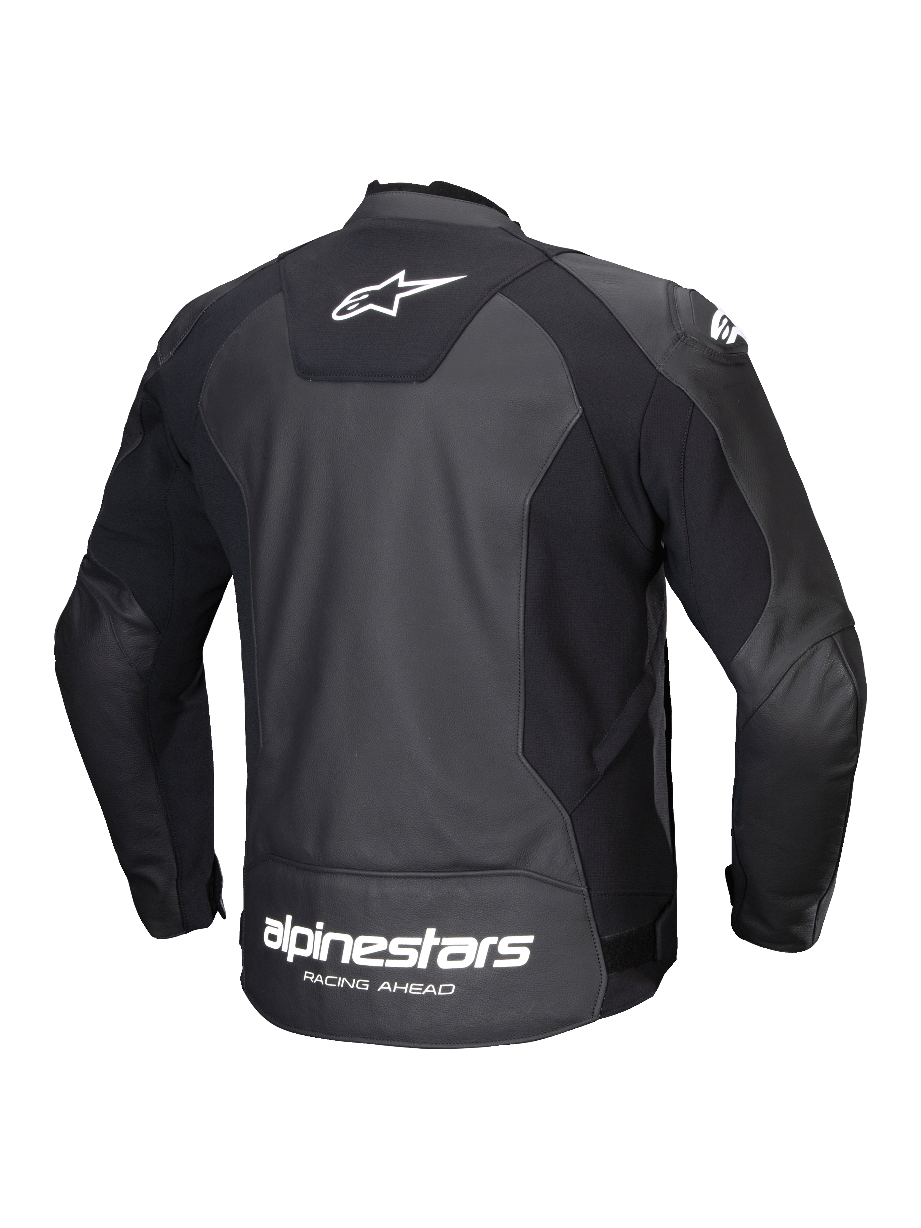 Alpinestars Faster V3 skinnjacka, bakvy av en svart och vit mc-sportjacka i slitstarkt läder med avancerade stretchpaneler och logotyp på baksidan