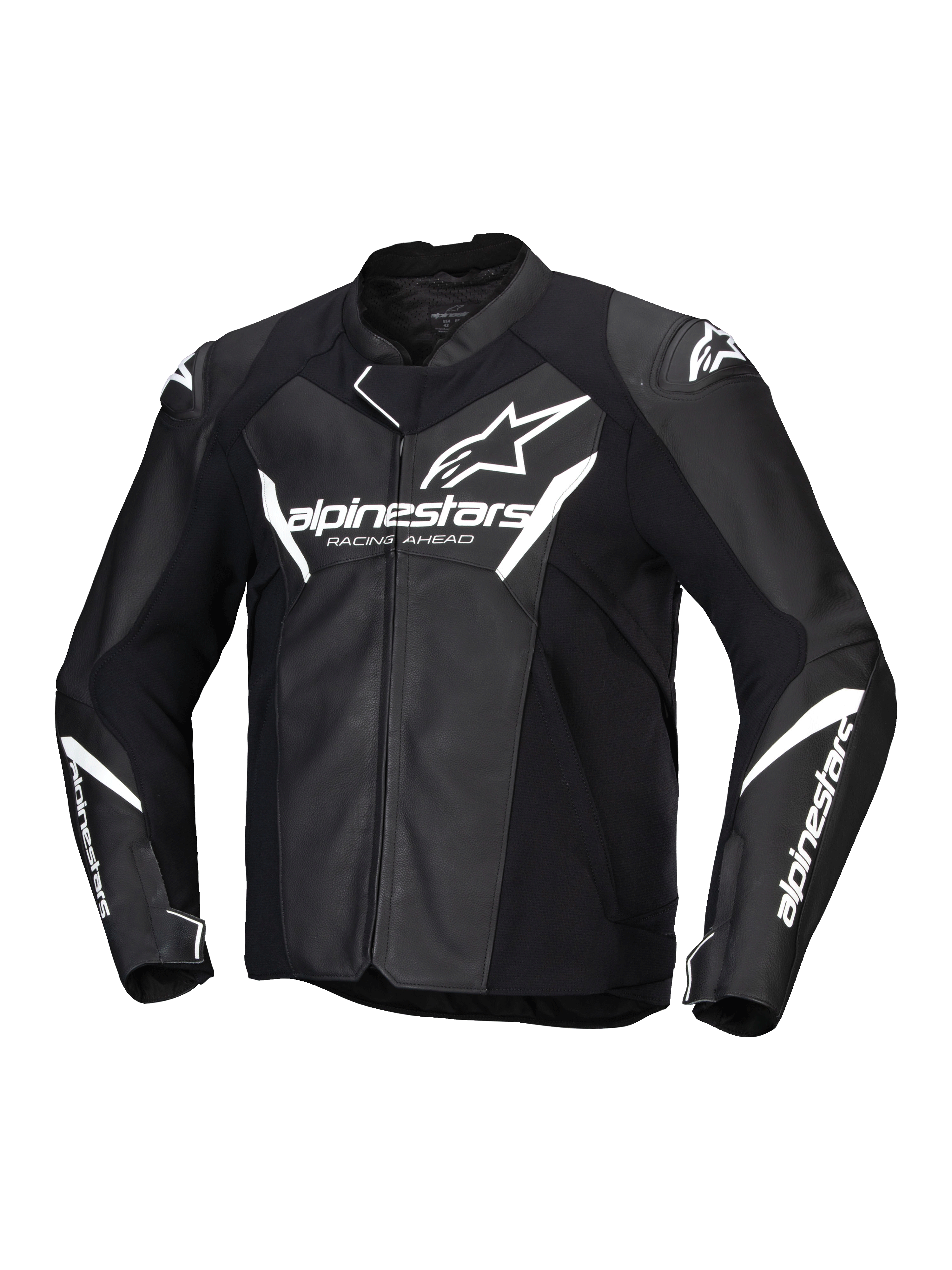 Alpinestars Faster V3 läderjacka, herrmotorcykeljacka i svart och vitt, CE-certifierad med läderkonstruktion och HRSF-stretchinsatser