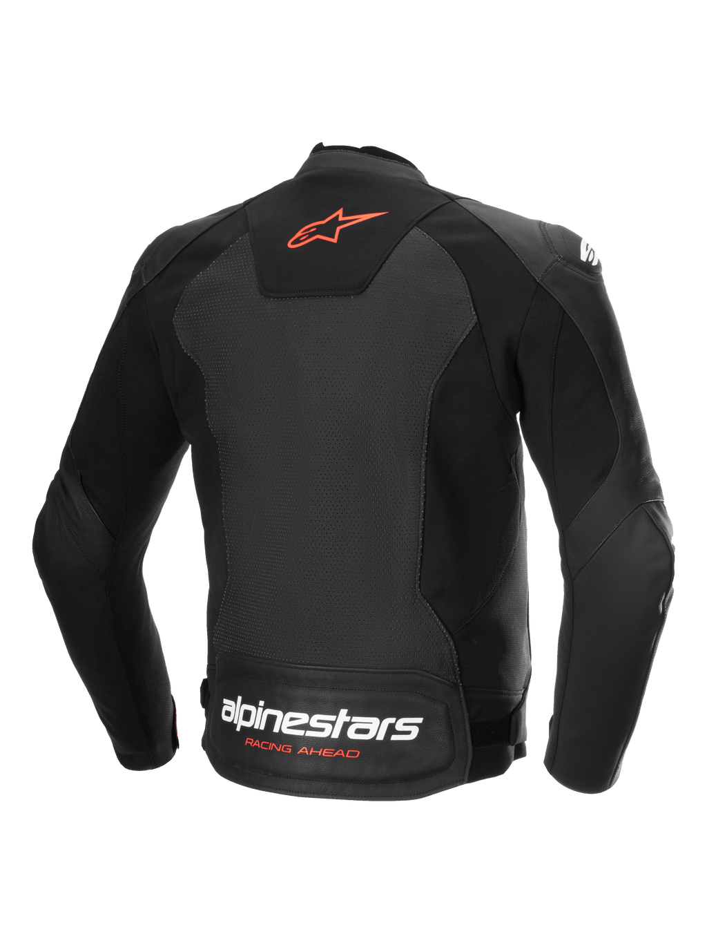 Alpinestars Faster V3 Airflow läderjacka, bakvy av den svarta och röda motorcykeljackan med perforerat läder och stretchpaneler