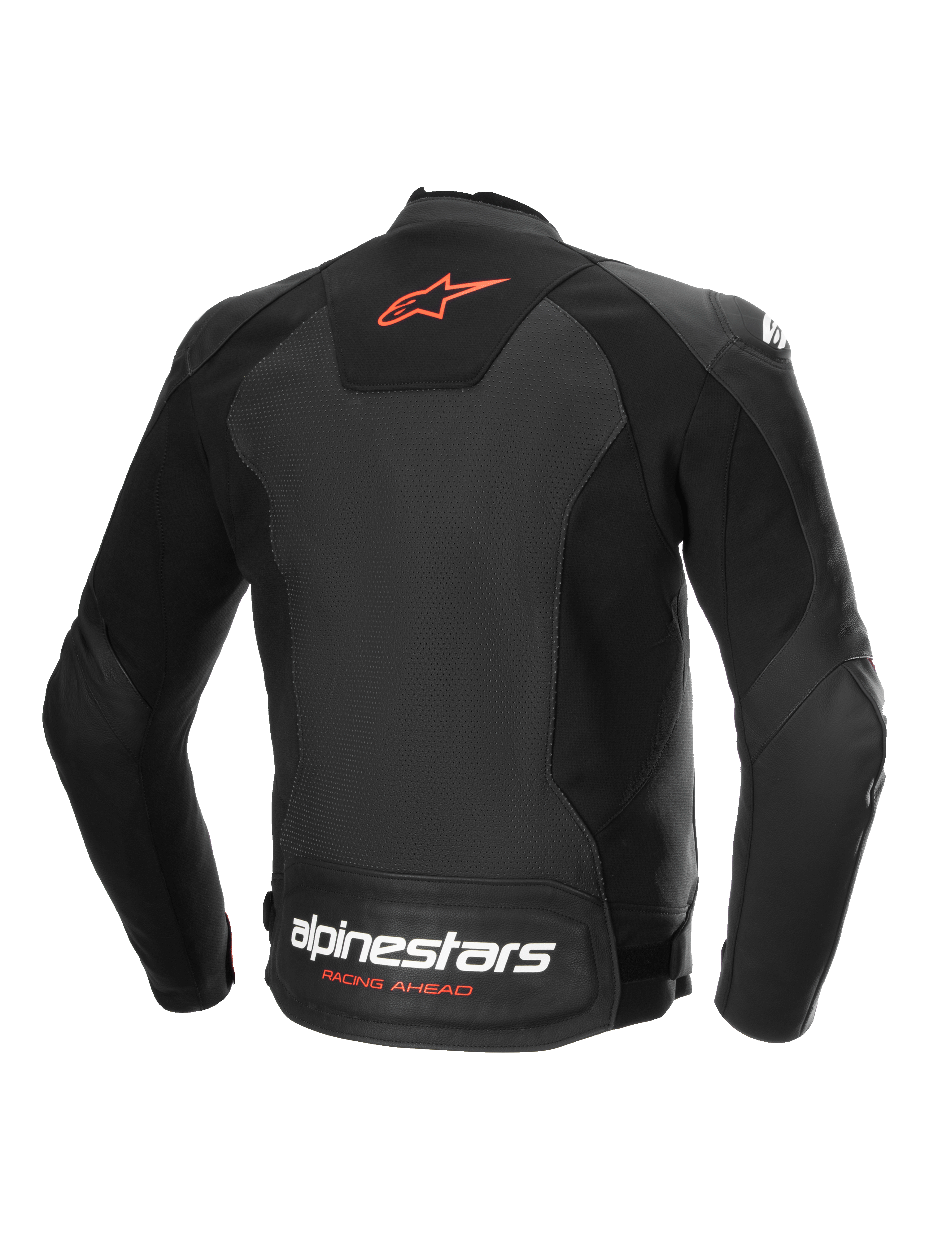 Alpinestars Faster V3 Airflow läderjacka, bakvy av den svarta och röda motorcykeljackan med perforerat läder och stretchpaneler