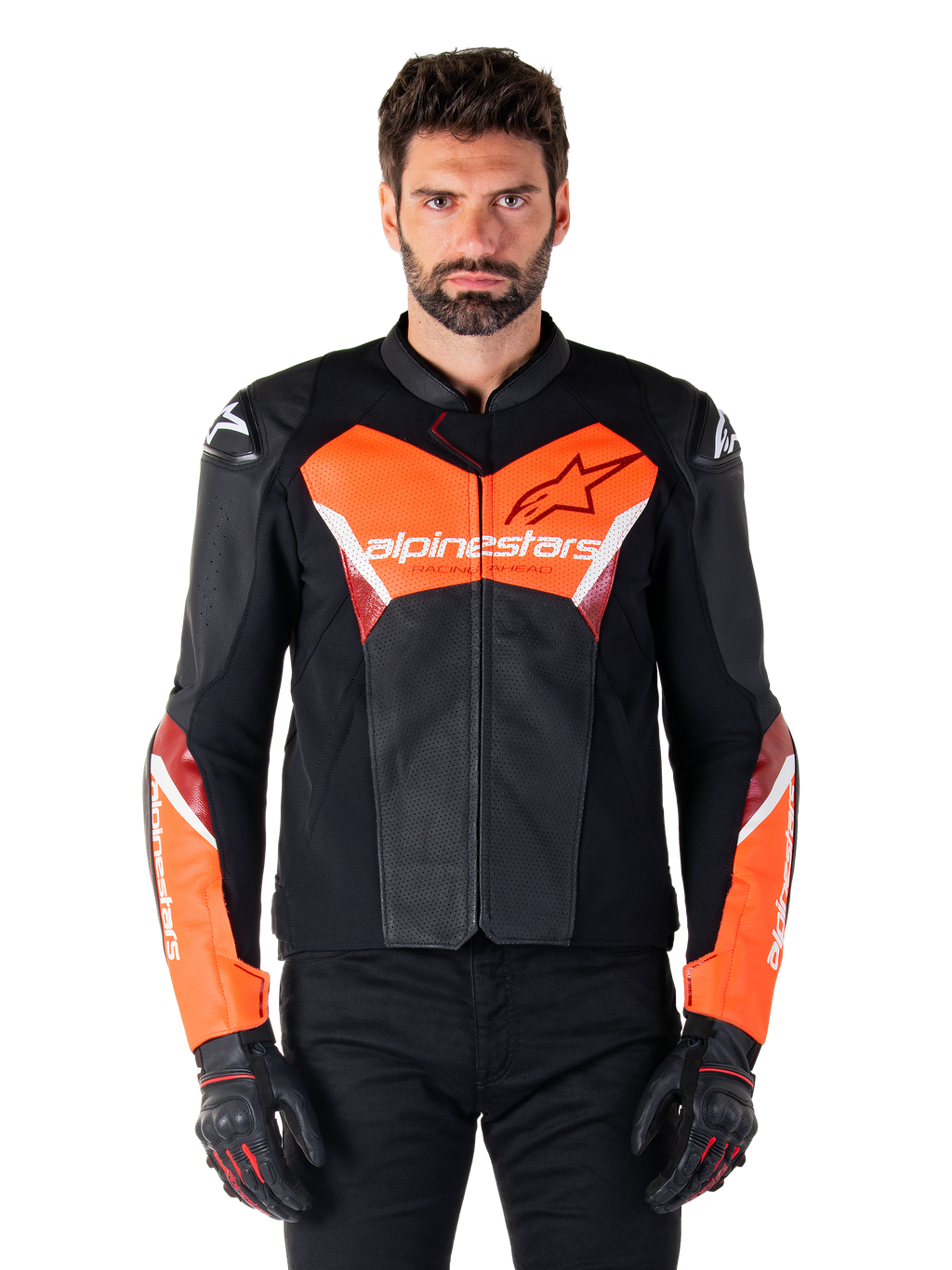 Alpinestars Faster V3 Airflow läderjacka, motorcykeljacka för racing, svart och röd fluo, perforerad läderkonstruktion med vita och röda detaljer, bärs med svarta handskar, högpresterande utrustning för gatkörning