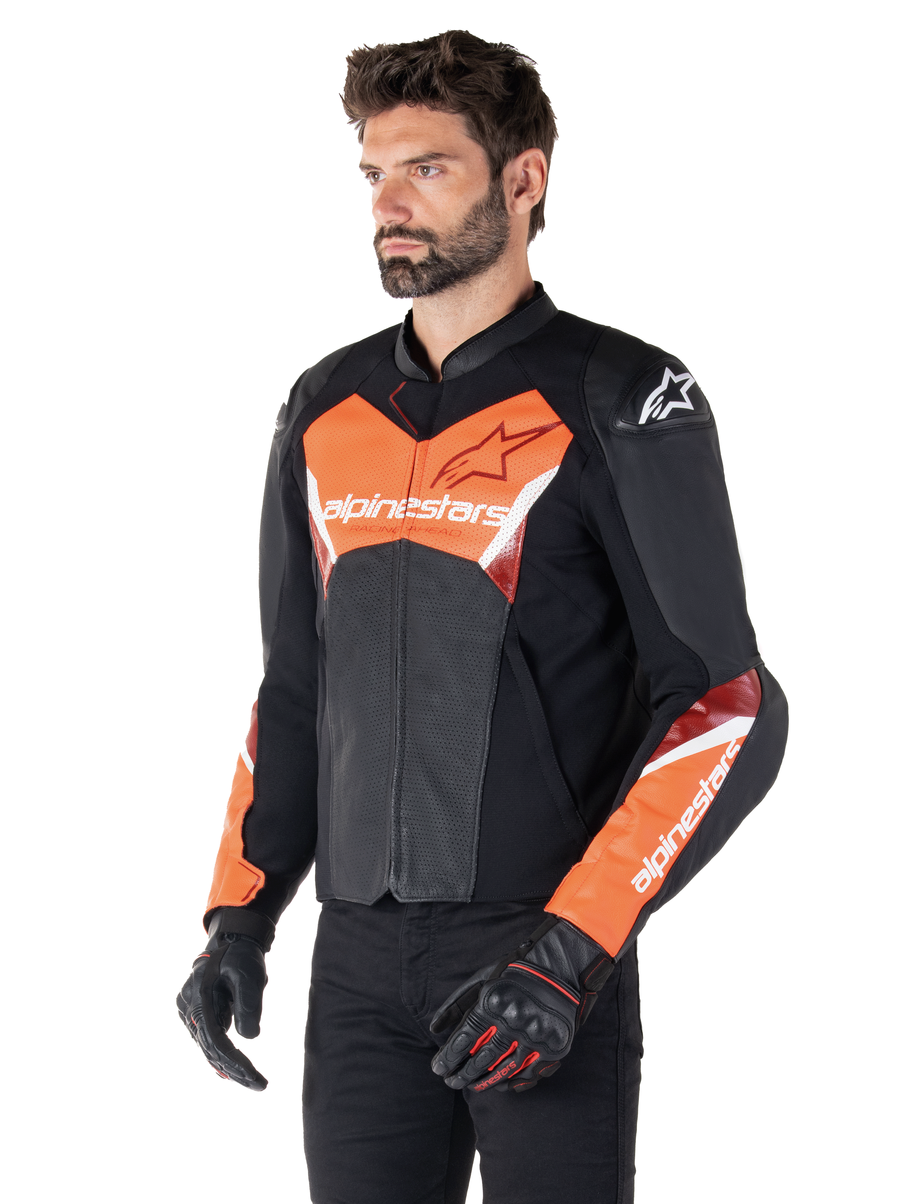 Alpinestars Faster V3 Airflow läderjacka, sportmotorcykeljacka, svart och röd fluo, med perforerat läder för ventilation, HRSF-stretchpaneler och DFS GP Lite-axelskydd, smidig racinginspirerad silhuett