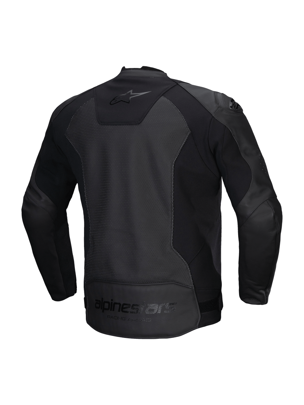 Faster V3 Airflow läderjacka, svart sport-motorcykeljacka för herrar, CE-certifierad med perforerat läder och stretchpaneler, bakifrån som visar stretchinlägg och logotyper