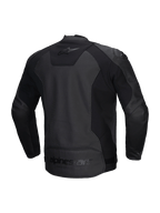 Faster V3 Airflow läderjacka, svart sport-motorcykeljacka för herrar, CE-certifierad med perforerat läder och stretchpaneler, bakifrån som visar stretchinlägg och logotyper